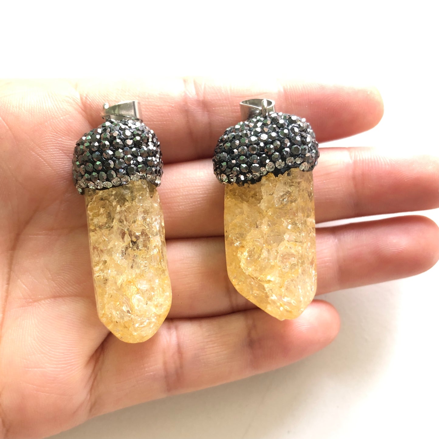2pcs/lot Rhinestone Paved Yellow Quartz Charm Stone Charms Charms Beads Beyond