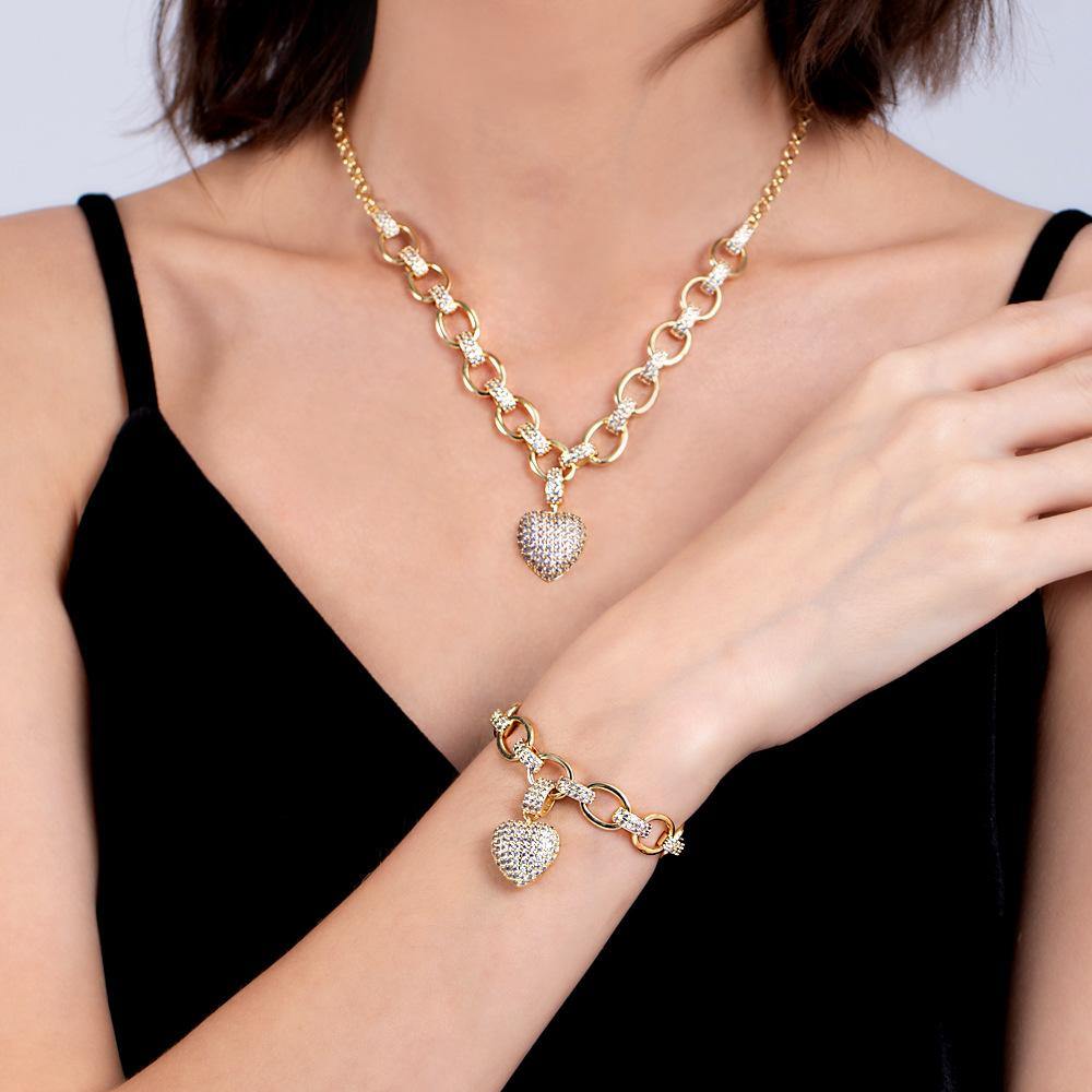 2 Sets/lot CZ Paved Heart Necklace + Bracelet Set Women Bracelets Charms Beads Beyond