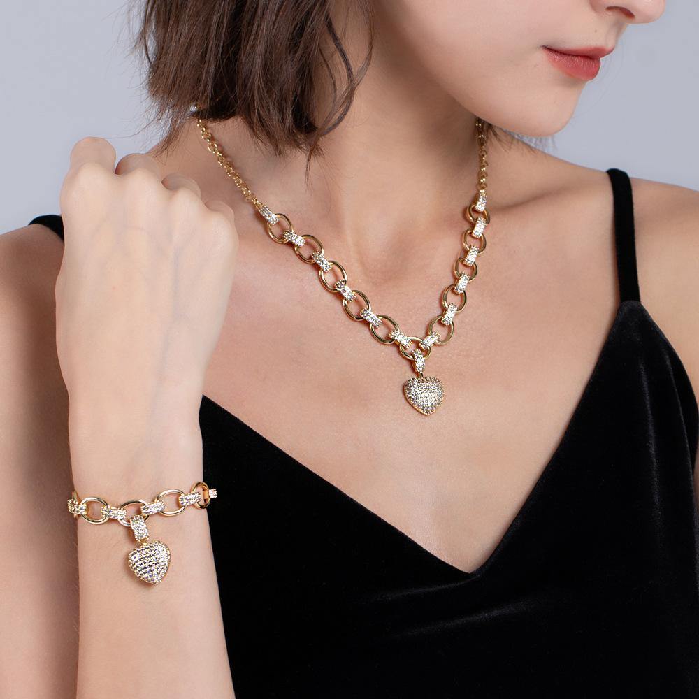 2 Sets/lot CZ Paved Heart Necklace + Bracelet Set Women Bracelets Charms Beads Beyond