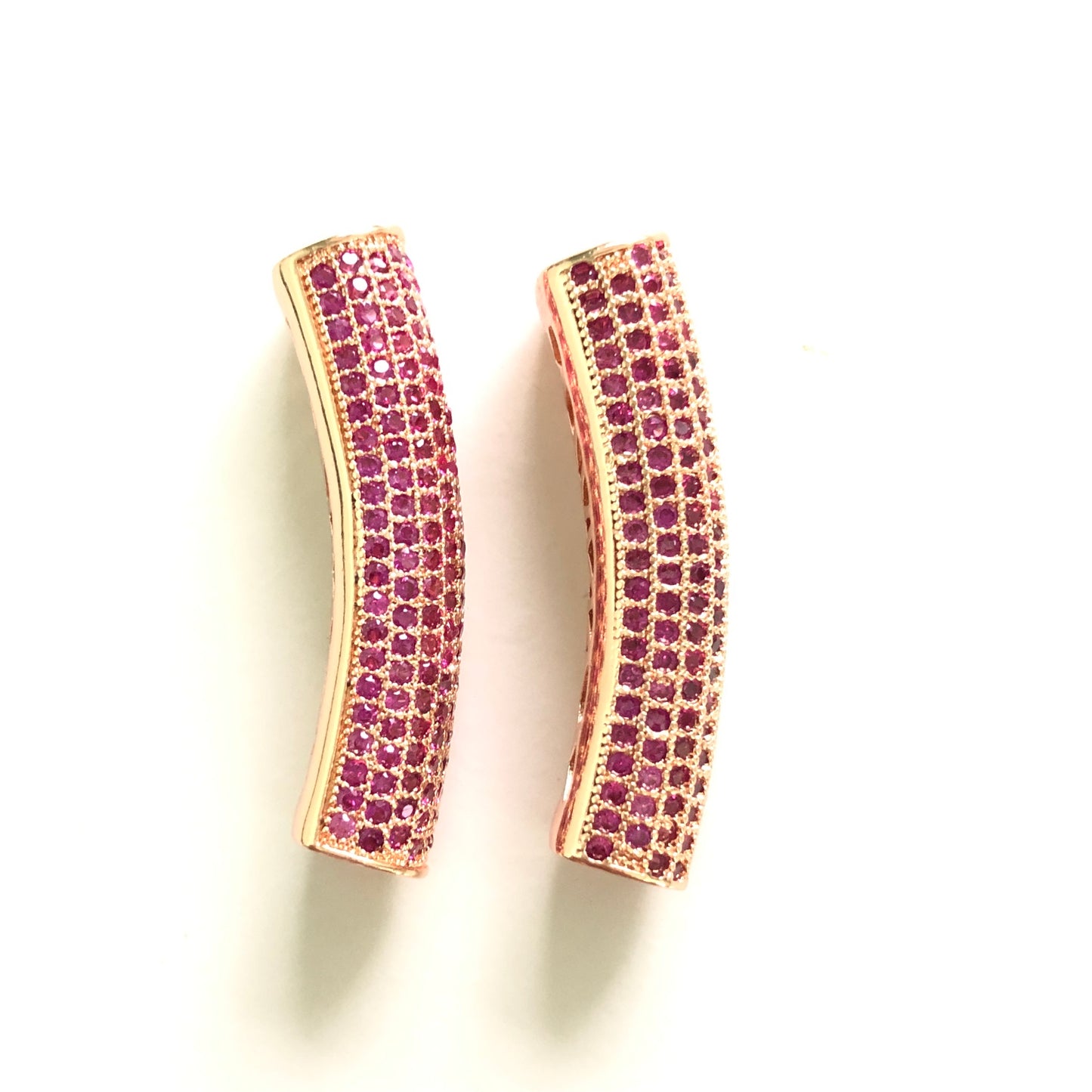 5-10pcs/lot 37.7*9mm Fuchsia CZ Paved Tube Bar Spacers Rose Gold CZ Paved Spacers Colorful Zirconia Tube Bar Centerpieces Charms Beads Beyond
