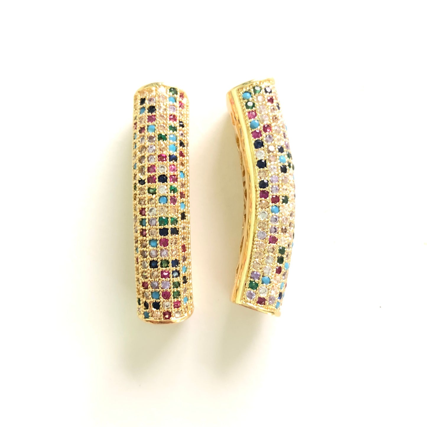 5-10pcs/lot 37.7*9mm Rainbow Multicolor CZ Paved Tube Bar Spacers Gold CZ Paved Spacers Colorful Zirconia Tube Bar Centerpieces Charms Beads Beyond