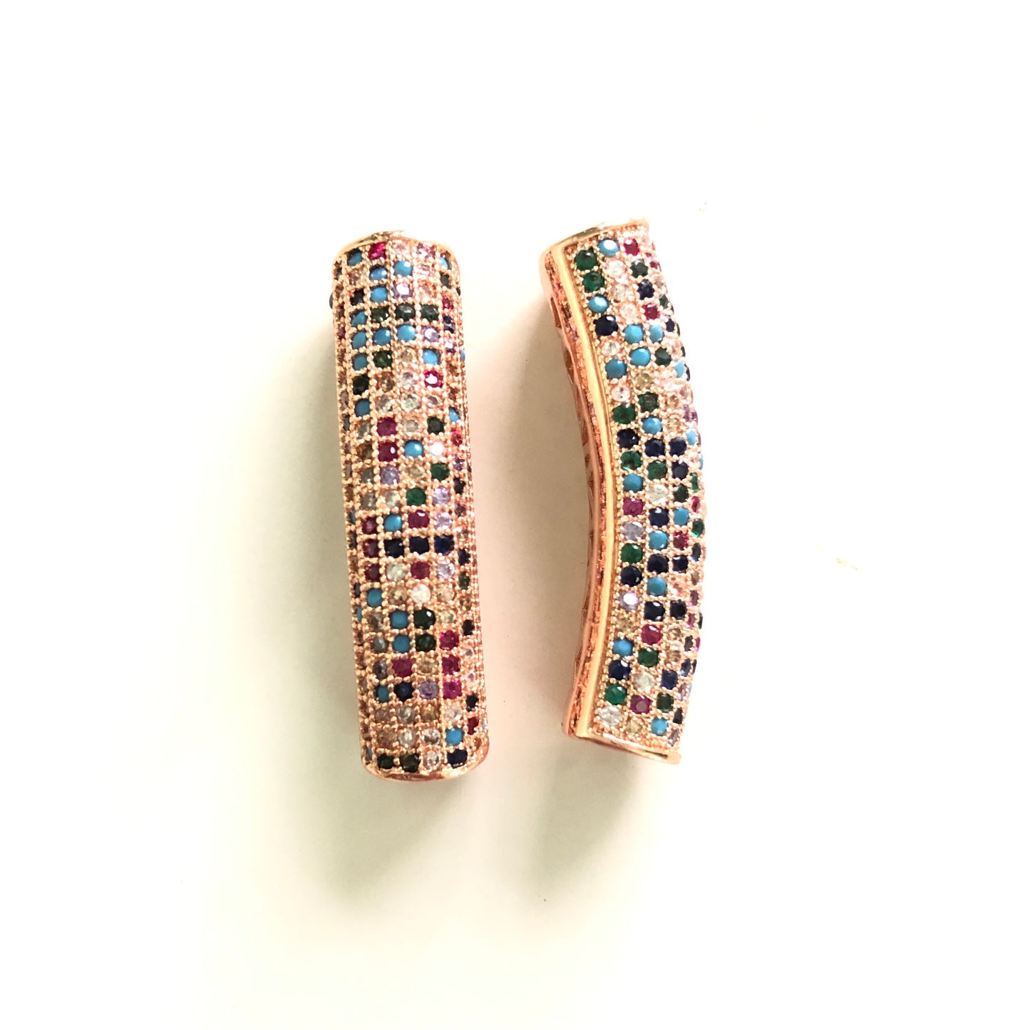 5-10pcs/lot 37.7*9mm Rainbow Multicolor CZ Paved Tube Bar Spacers Rose Gold CZ Paved Spacers Colorful Zirconia Tube Bar Centerpieces Charms Beads Beyond