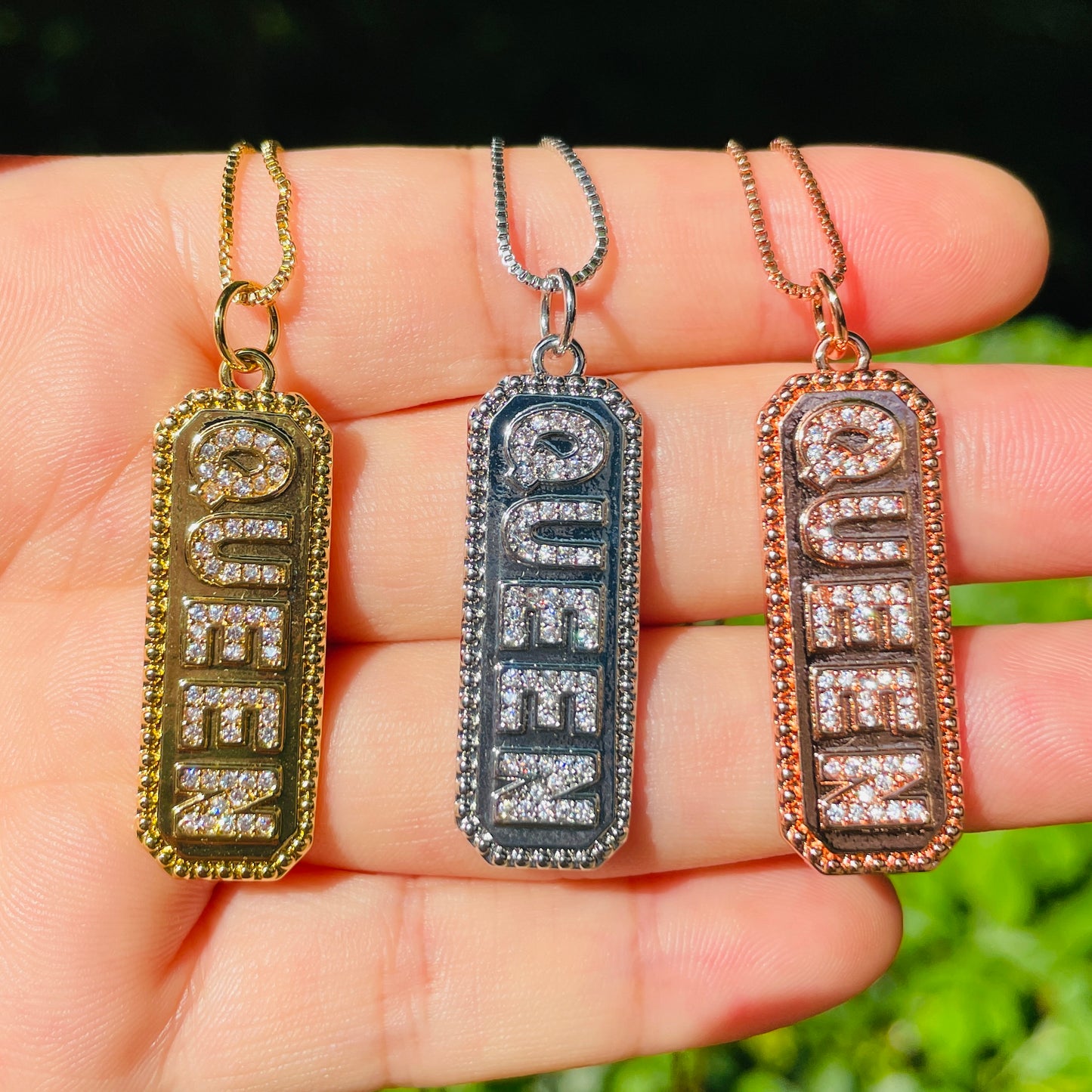 5pcs/lot 18/20inch Box Chain CZ Pave Queen Word Plate Neckalce Necklaces Charms Beads Beyond