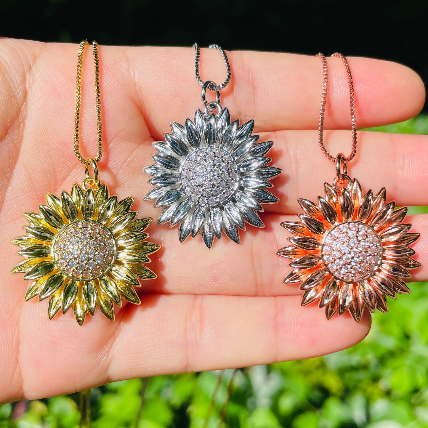 5pcs/lot 18/20inch Box Chain CZ Pave Sunflower Neckalce Necklaces Charms Beads Beyond
