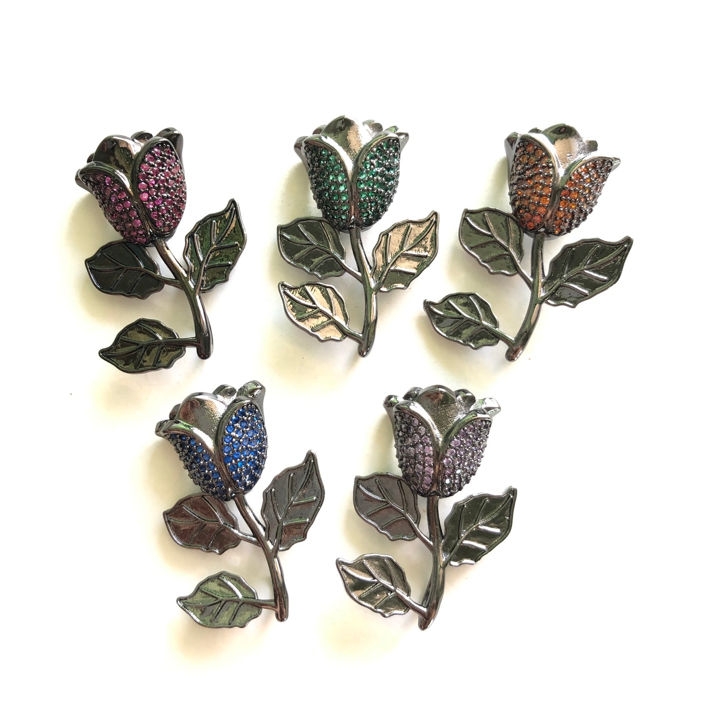 5pcs/lot 32*23mm Colorful CZ Paved Black Rose Charms CZ Paved Charms Colorful Zirconia Flowers Large Sizes On Sale Charms Beads Beyond