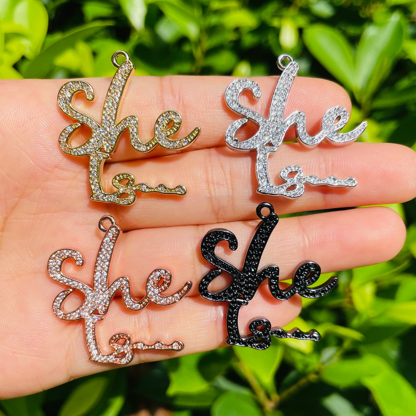 10pcs/lot 32*30mmCZ Paved She Is... Charms Mix Colors CZ Paved Charms Words & Quotes Charms Beads Beyond