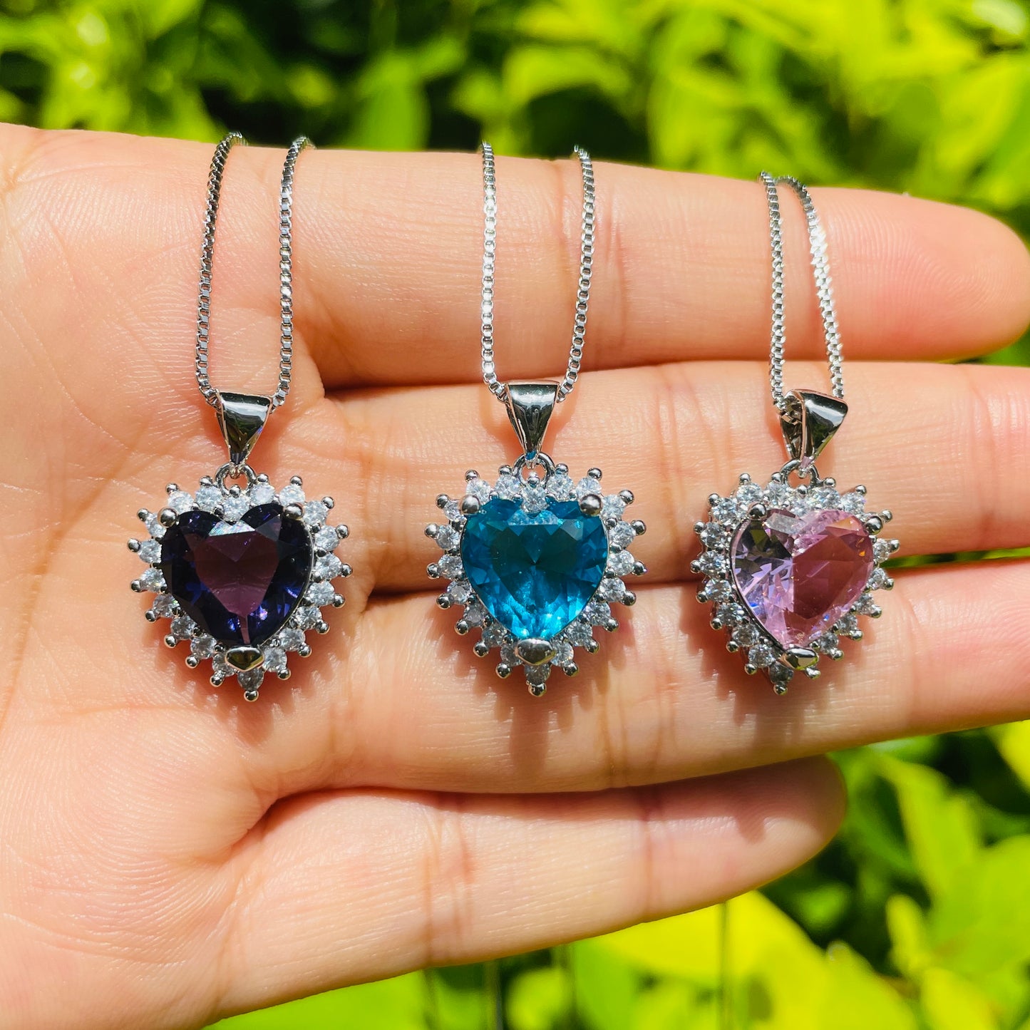 5pcs/lot 18*16mm Purple/Blue/Pink CZ Paved Heart Necklaces Mix Colors-Silver Necklaces Love & Heart Necklaces Charms Beads Beyond