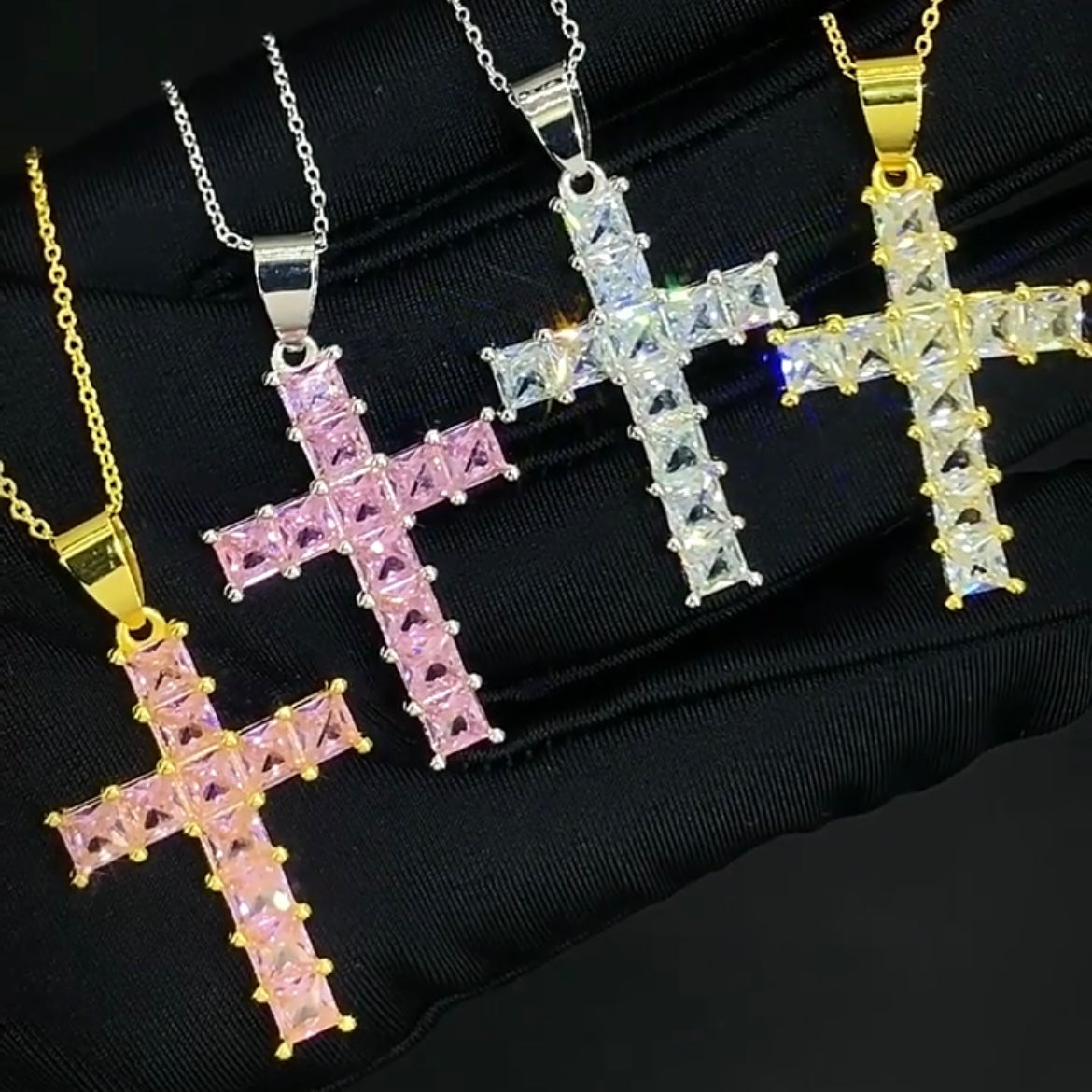 5pcs/lot 18inch Gold Silver Plated Clear Pink CZ Pave Cross Necklace Necklaces Charms Beads Beyond