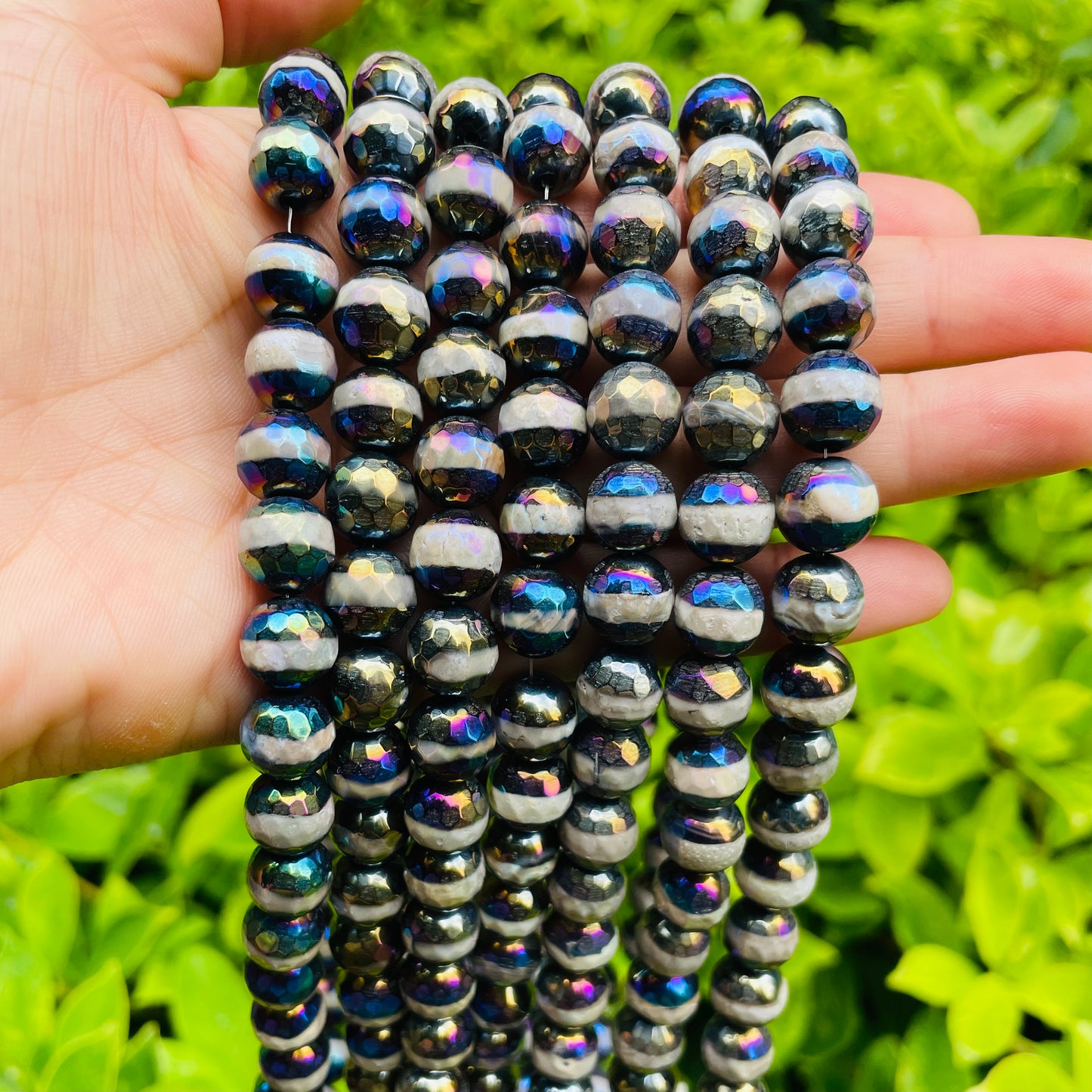 10mm Electroplated AB White Stripe Black Tibetan Agate Stone Beads Electroplated Beads Electroplated Tibetan Beads New Beads Arrivals Charms Beads Beyond