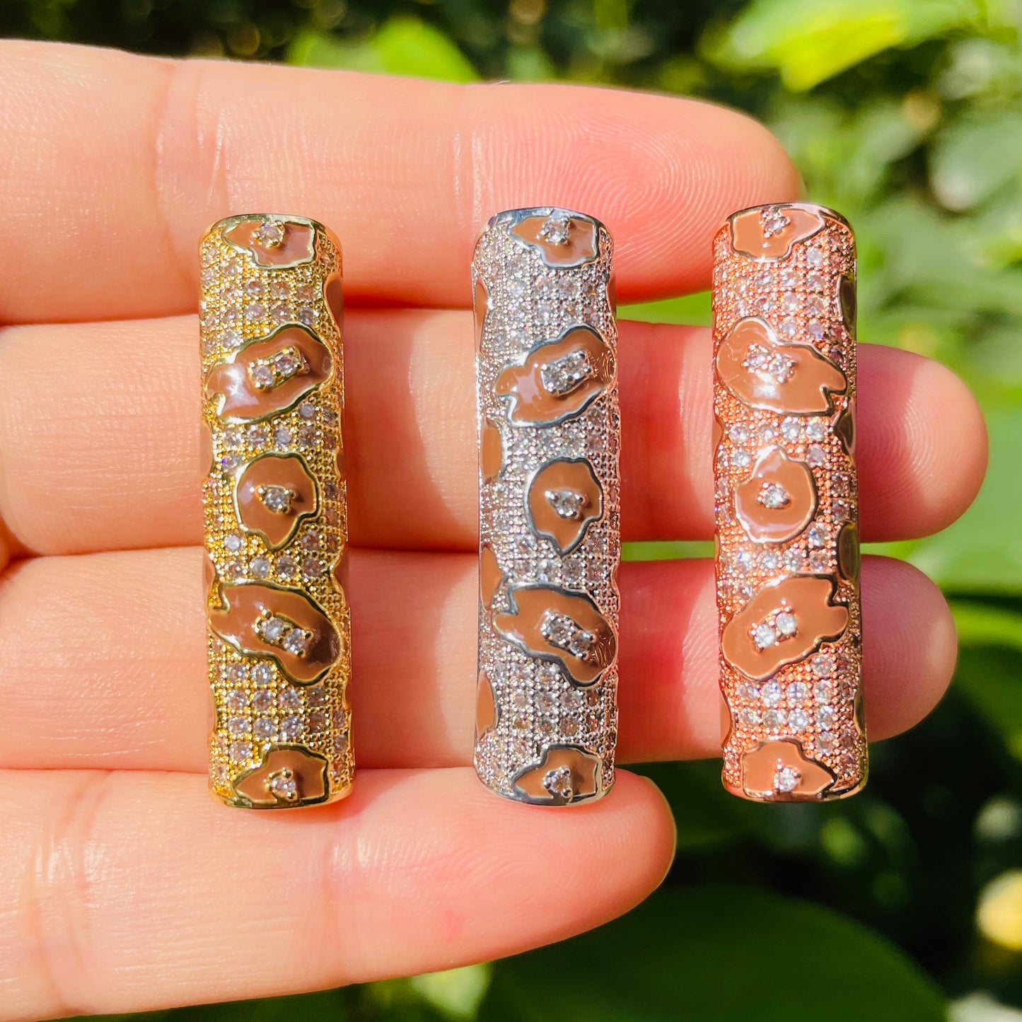 5-10pcs/lot 37.7*9mm Brown Enamel Leopard Print CZ Paved Tube Bar Spacers CZ Paved Spacers Leopard Printed New Spacers Arrivals Tube Bar Centerpieces Charms Beads Beyond
