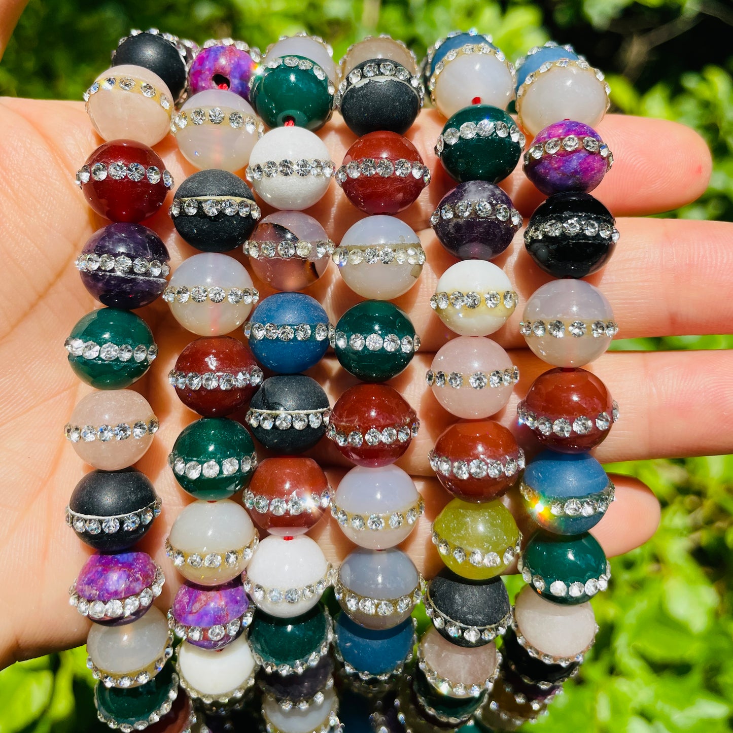 10mm Rhinestone Inlaid Rose Quartz Stone Beads-Multicolor Rhinestone Inlaid Beads Charms Beads Beyond