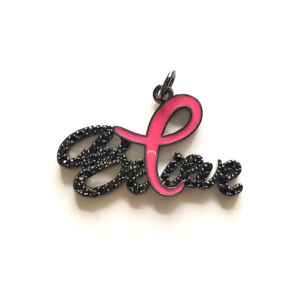 10pcs/lot CZ Paved Pink Ribbon Believe Charms - Breast Cancer Awareness Black on Black CZ Paved Charms Breast Cancer Awareness Charms Beads Beyond