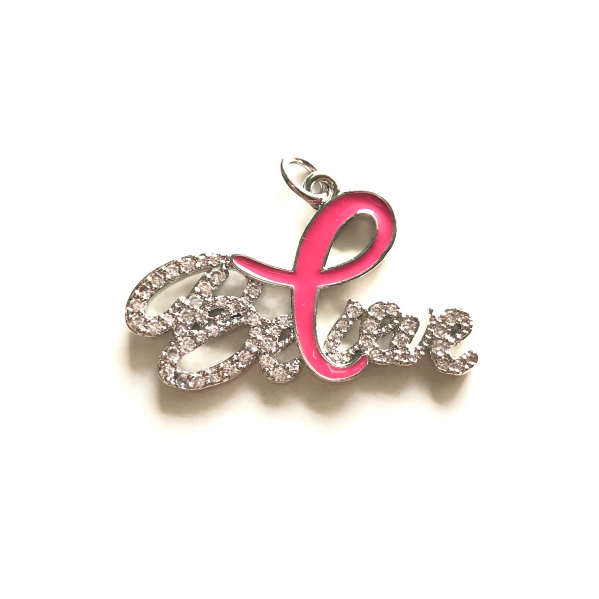 10pcs/lot CZ Paved Pink Ribbon Believe Charms - Breast Cancer Awareness Silver CZ Paved Charms Breast Cancer Awareness Charms Beads Beyond