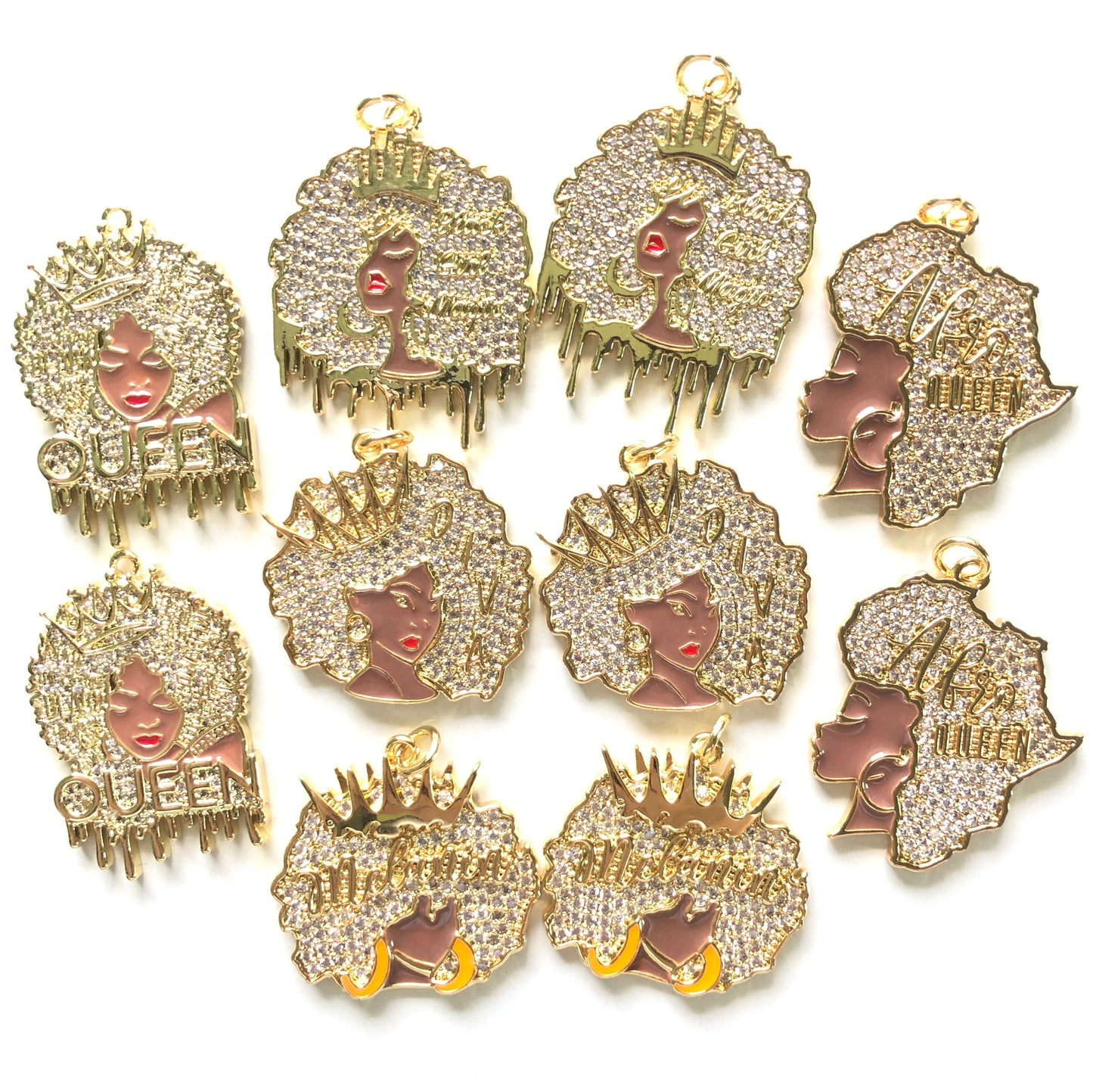 10pcs/lot Mix CZ Pave Afro Black Girls Charms Bundle 2-Gold CZ Paved Charms Afro Girl/Queen Charms Mix Charms Charms Beads Beyond