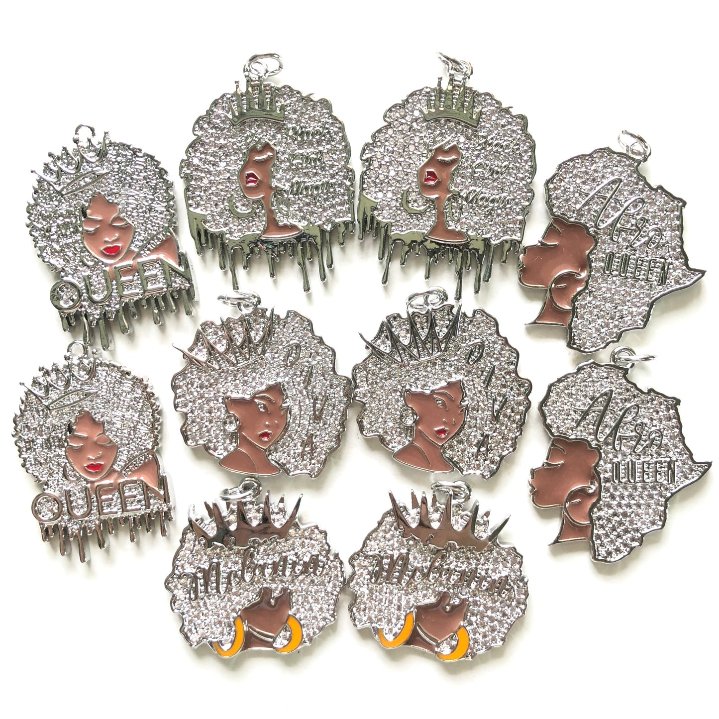 10pcs/lot Mix CZ Pave Afro Black Girls Charms Bundle 2-Silver CZ Paved Charms Afro Girl/Queen Charms Mix Charms Charms Beads Beyond