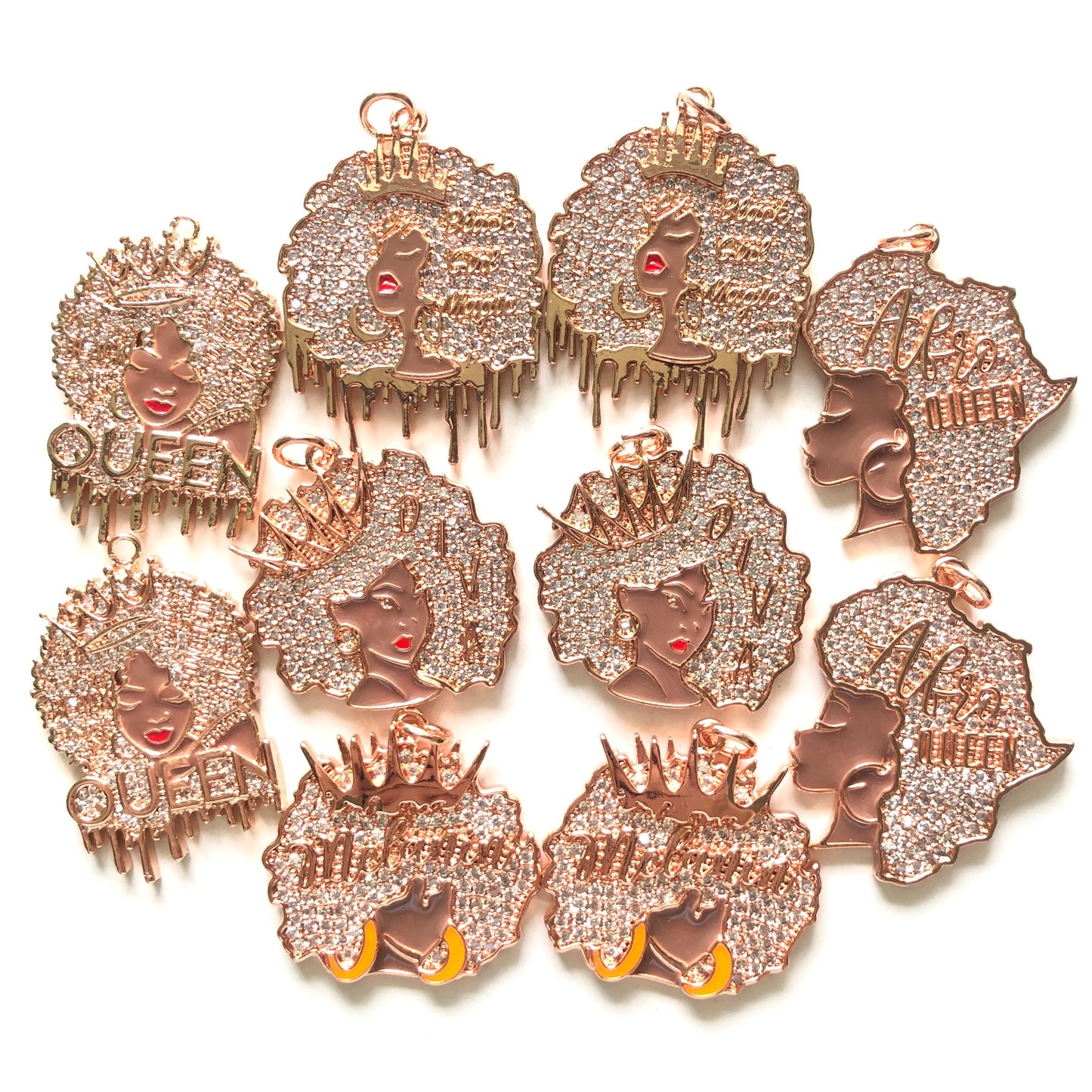 10pcs/lot Mix CZ Pave Afro Black Girls Charms Bundle 2-Rose Gold CZ Paved Charms Afro Girl/Queen Charms Mix Charms Charms Beads Beyond