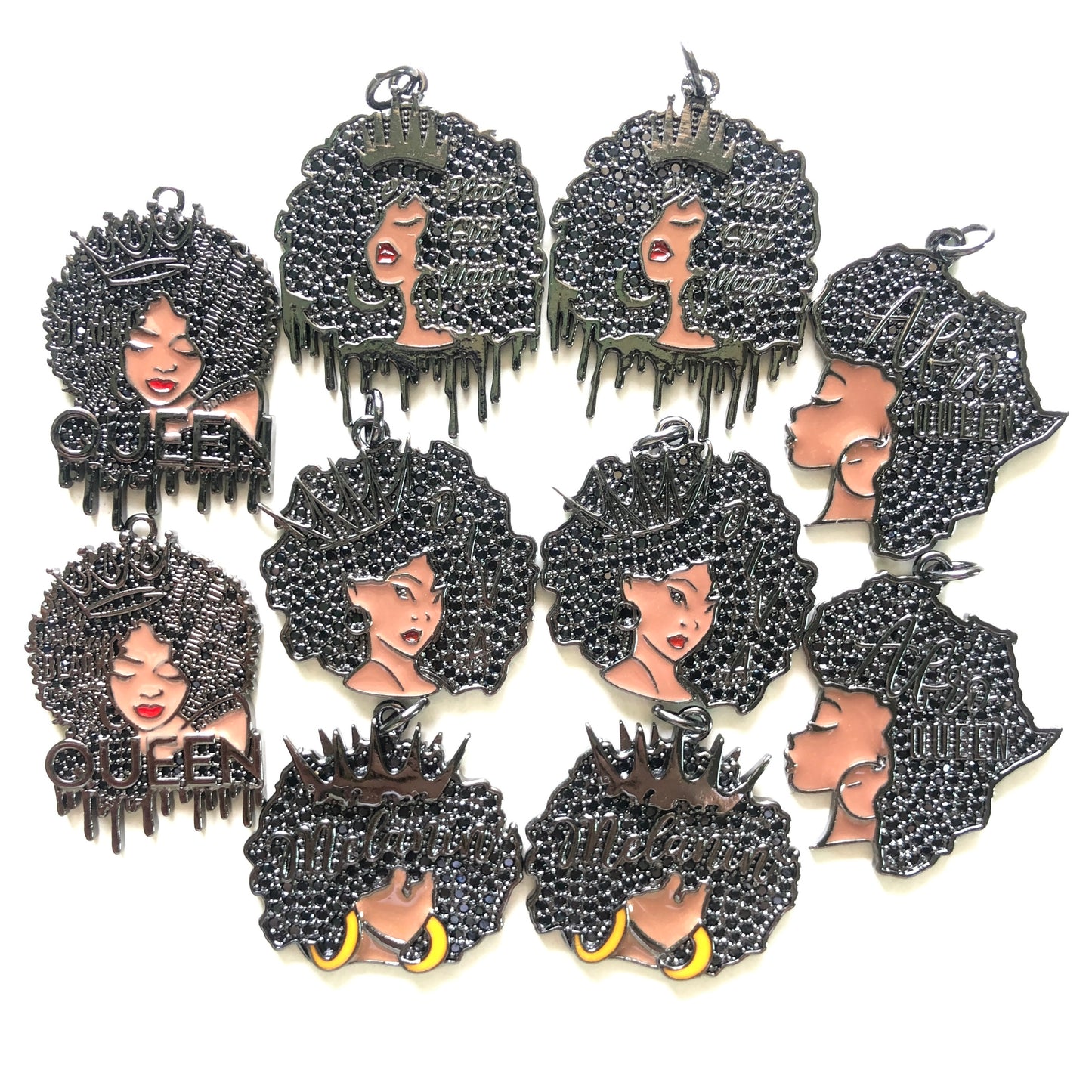 10pcs/lot Mix CZ Pave Afro Black Girls Charms Bundle 2-Black on Black CZ Paved Charms Afro Girl/Queen Charms Mix Charms Charms Beads Beyond