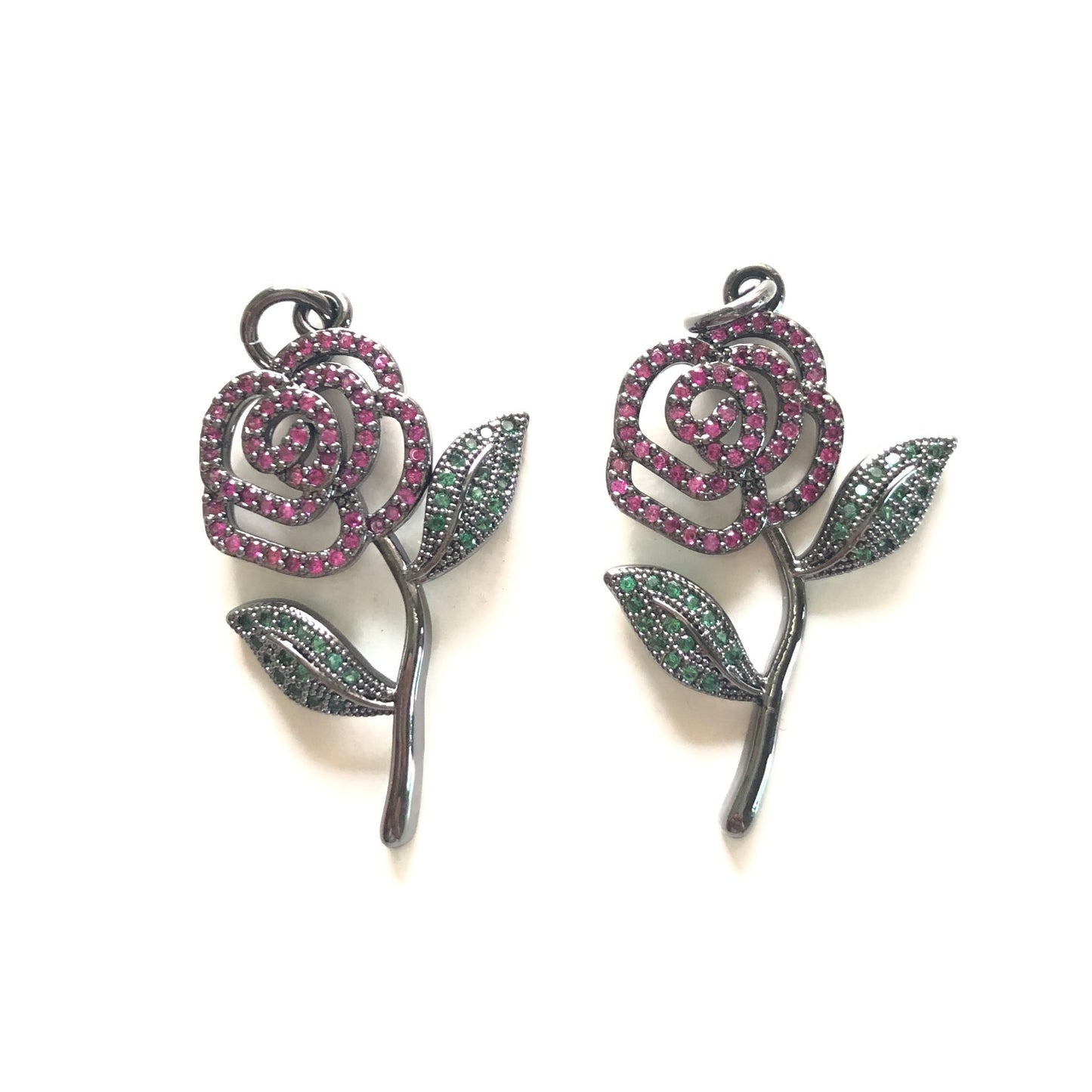5pcs/lot 34*22mm Fuchsia & Green CZ Pave Red Rose Flower Charms CZ Paved Charms Colorful Zirconia Flowers Charms Beads Beyond