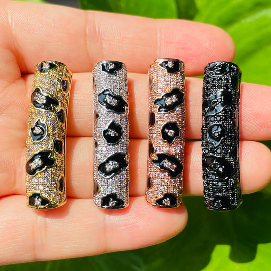 5-10pcs/lot 37.7*9mm Black Enamel Leopard Print CZ Paved Tube Bar Spacers 5pcs CZ Paved Spacers Leopard Printed New Spacers Arrivals Tube Bar Centerpieces Charms Beads Beyond