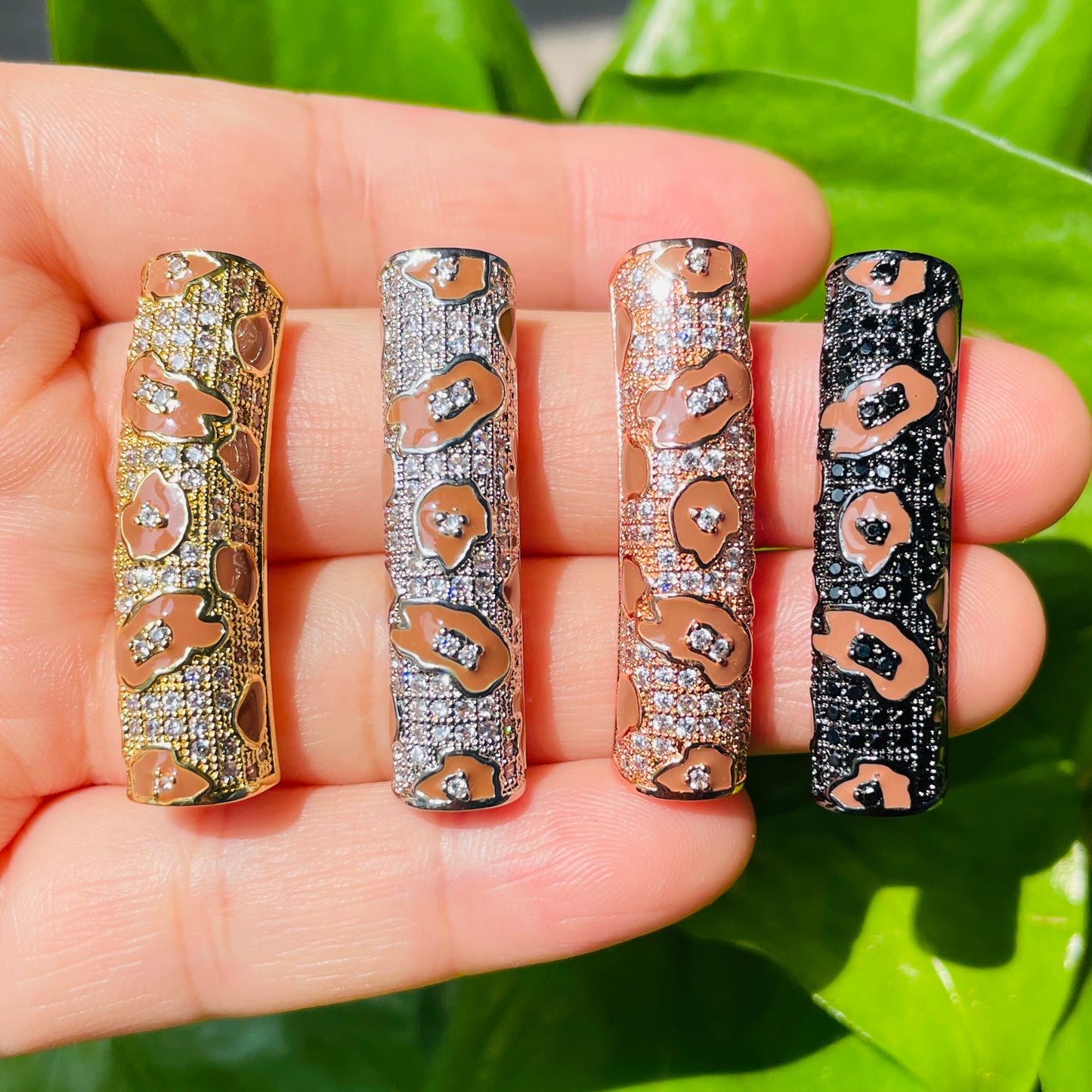 5-10pcs/lot 37.7*9mm Brown Enamel Leopard Print CZ Paved Tube Bar Spacers Mix Colors CZ Paved Spacers Leopard Printed New Spacers Arrivals Tube Bar Centerpieces Charms Beads Beyond