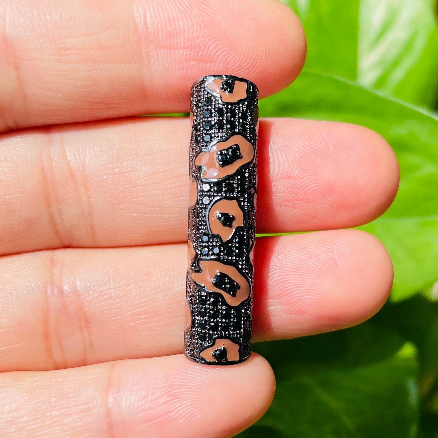 5-10pcs/lot 37.7*9mm Brown Enamel Leopard Print CZ Paved Tube Bar Spacers Black on Black CZ Paved Spacers Leopard Printed New Spacers Arrivals Tube Bar Centerpieces Charms Beads Beyond