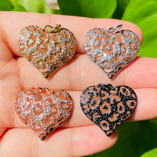 10/lot 24.5*22mm CZ Paved Brown Leopard Print Heart Charm Pendants Mix Colors CZ Paved Charms Hearts Leopard Printed New Charms Arrivals Charms Beads Beyond