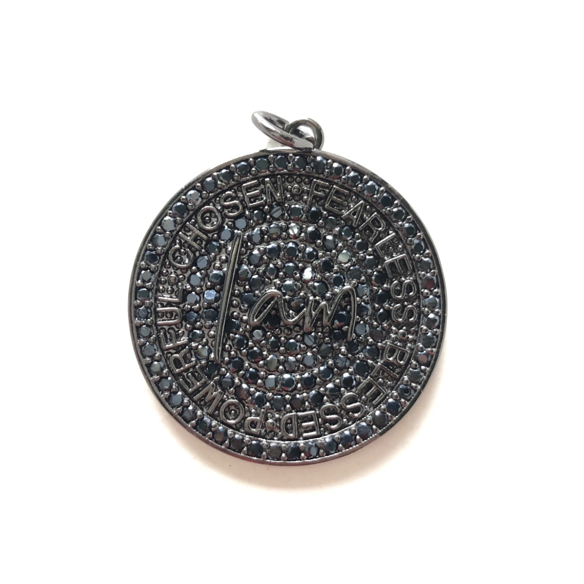 10pcs/lot 28mm CZ Pave Round Plate I am Chosen Fearless Blessed Powerful Quote Charms CZ Paved Charms Discs On Sale Charms Beads Beyond