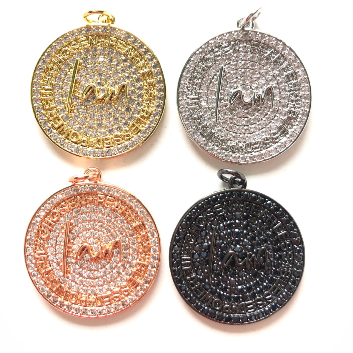 10pcs/lot 28mm CZ Pave Round Plate I am Chosen Fearless Blessed Powerful Quote Charms CZ Paved Charms Discs On Sale Charms Beads Beyond