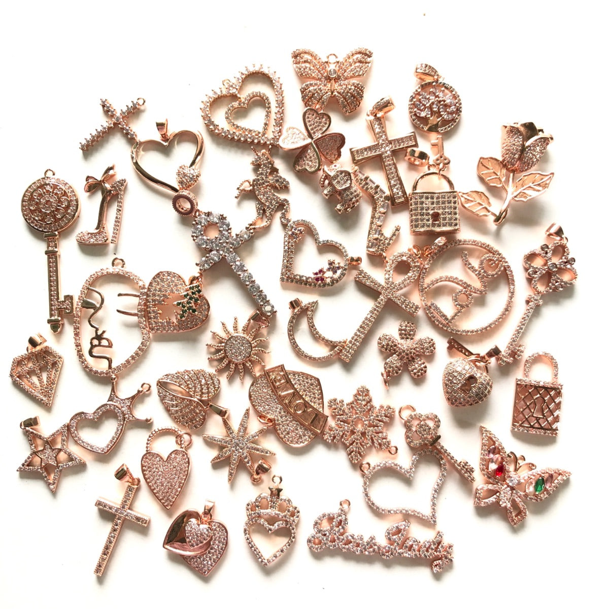 30/50/100pcs/lot Mix Random CZ Pave Charms Bundles-Rose Gold 100pcs-Mix Ramdon CZ Paved Charms On Sale Charms Beads Beyond