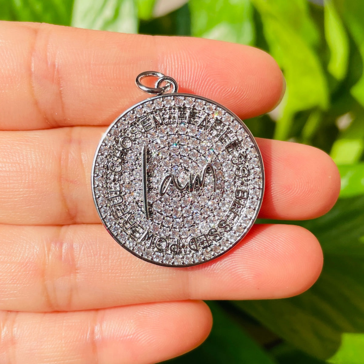 10pcs/lot 28mm CZ Pave Round Plate I am Chosen Fearless Blessed Powerful Quote Charms Silver CZ Paved Charms Discs On Sale Charms Beads Beyond