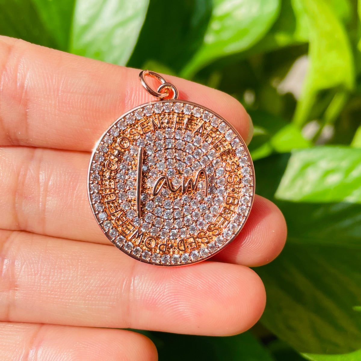 10pcs/lot 28mm CZ Pave Round Plate I am Chosen Fearless Blessed Powerful Quote Charms Rose Gold CZ Paved Charms Discs On Sale Charms Beads Beyond