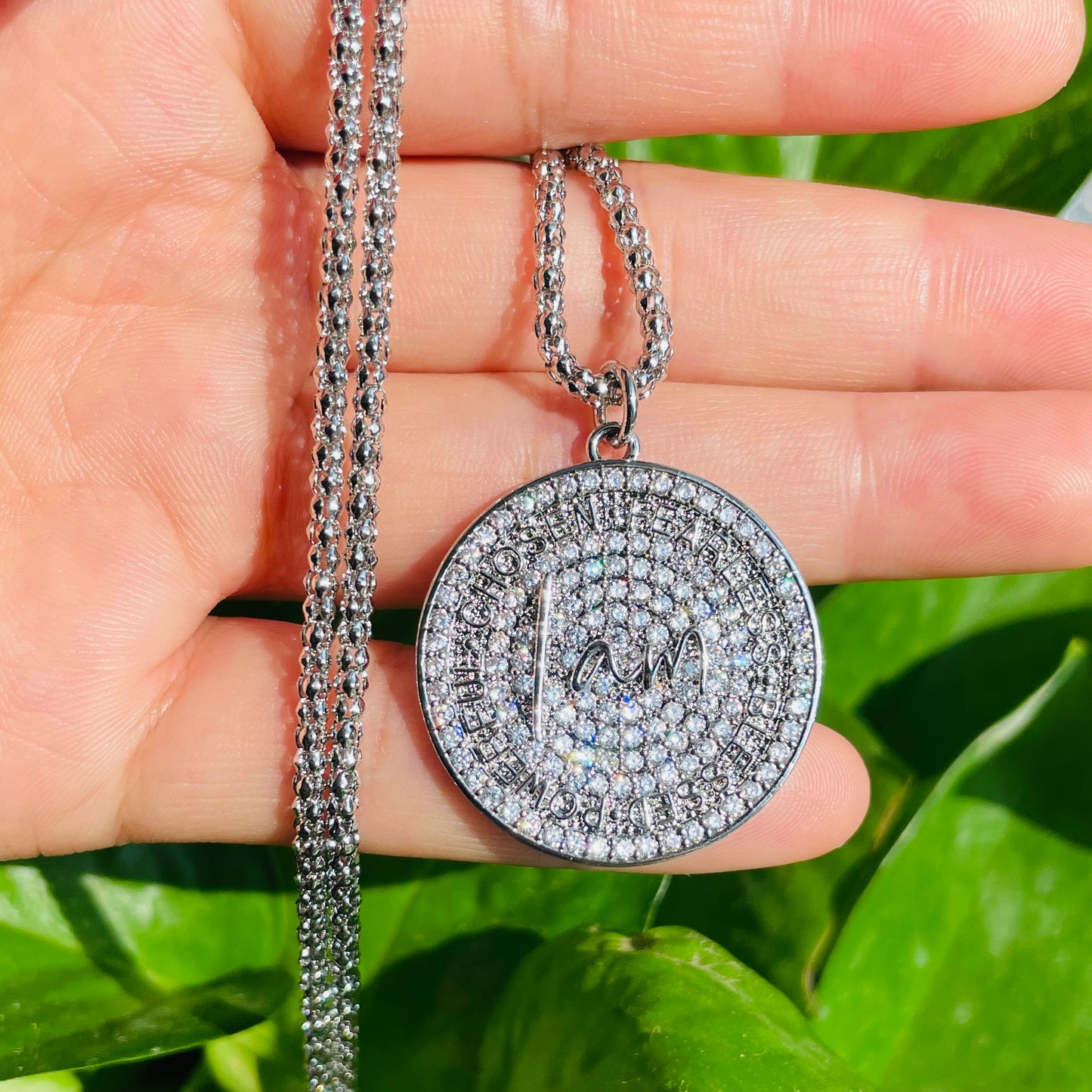 5pcs/lot 18inch CZ Round Plate I am Chosen Fearless Blessed Powerful Quote Necklace Necklaces Charms Beads Beyond