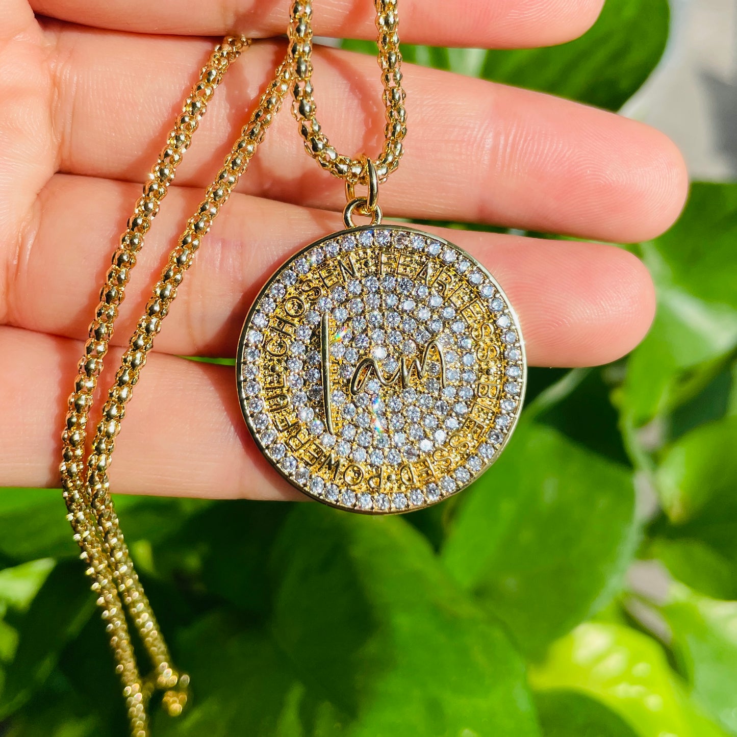 5pcs/lot 18inch CZ Round Plate I am Chosen Fearless Blessed Powerful Quote Necklace Necklaces Charms Beads Beyond