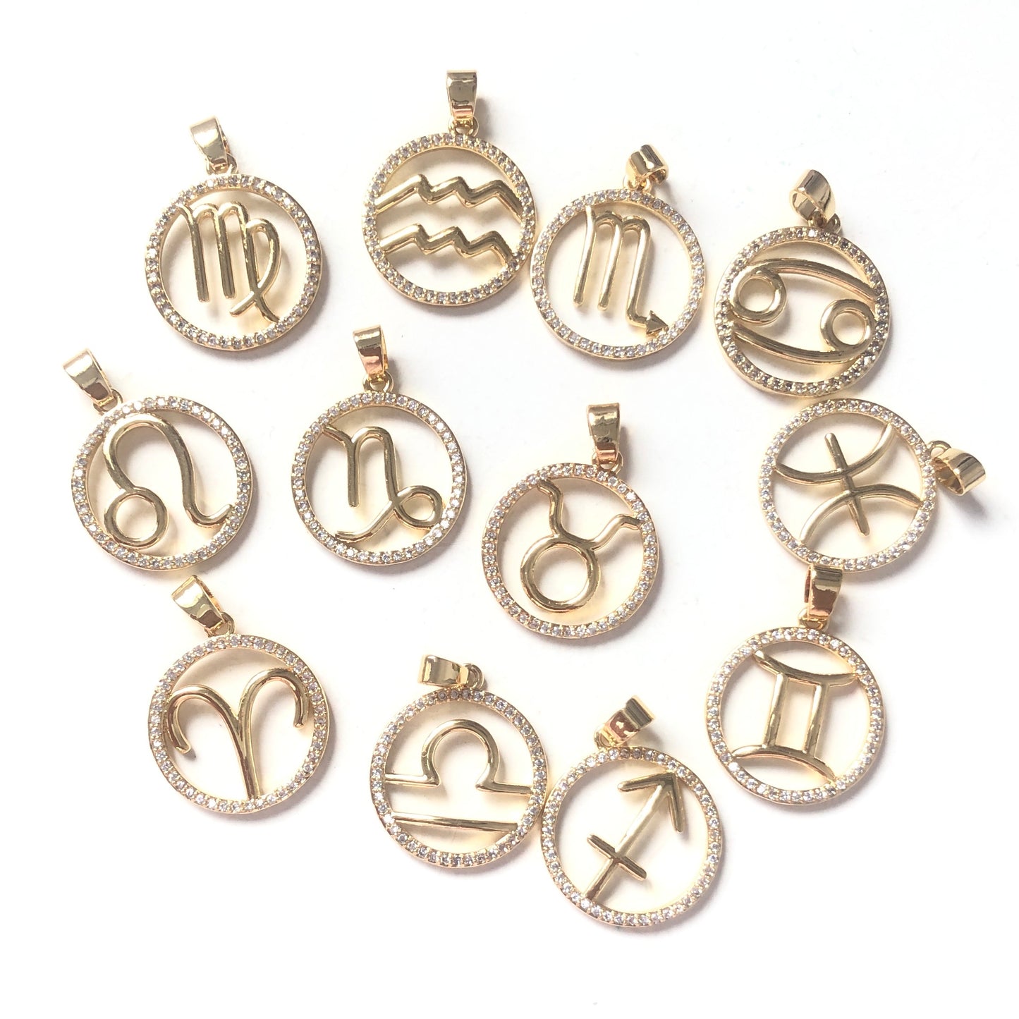 12pcs/lot 20mm CZ Paved Zodiac Necklace-Gold Necklaces Charms Beads Beyond