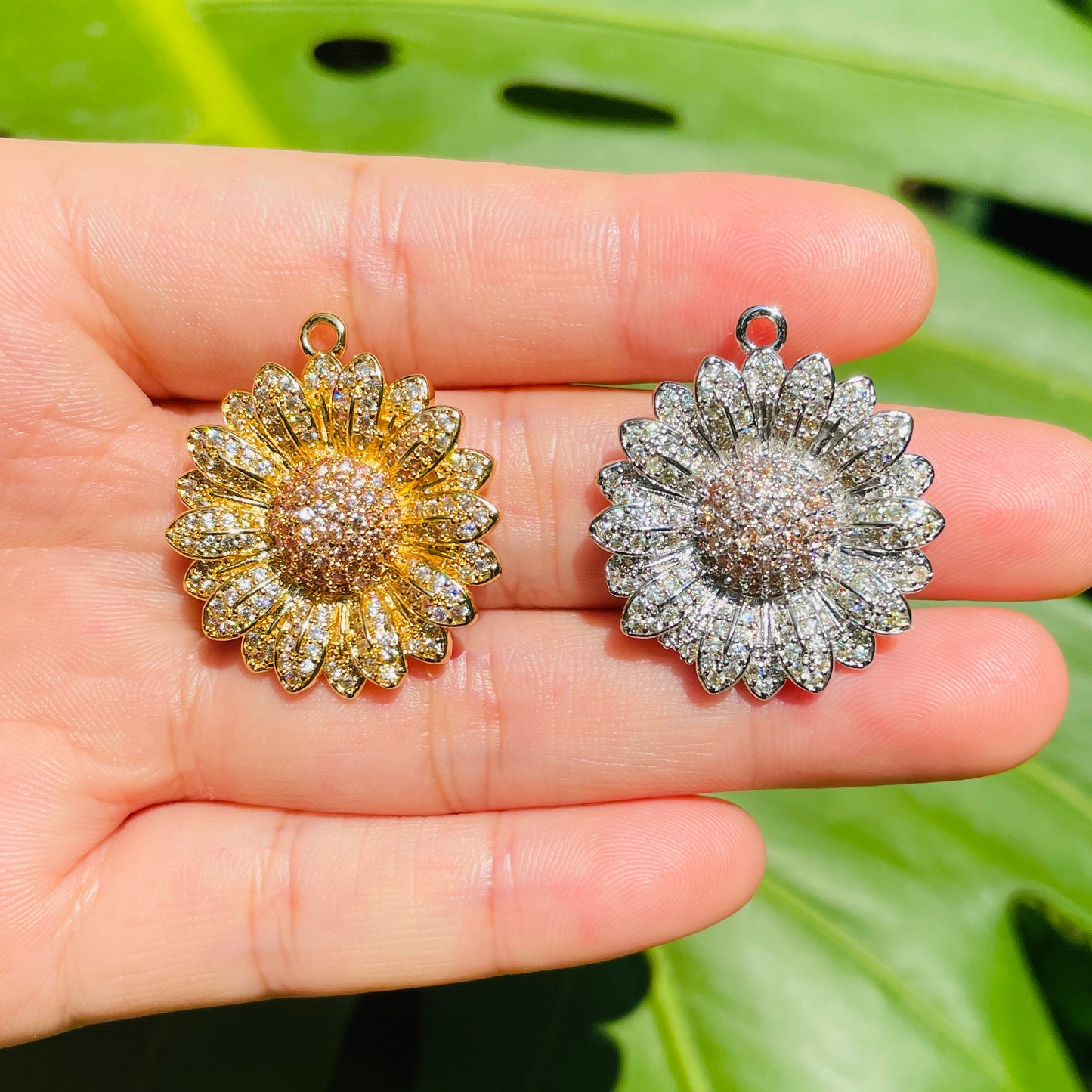 5/lot 28.5*26mm Light Yellow + Champagne CZ Paved Sunflower Charms CZ Paved Charms Flowers Charms Beads Beyond