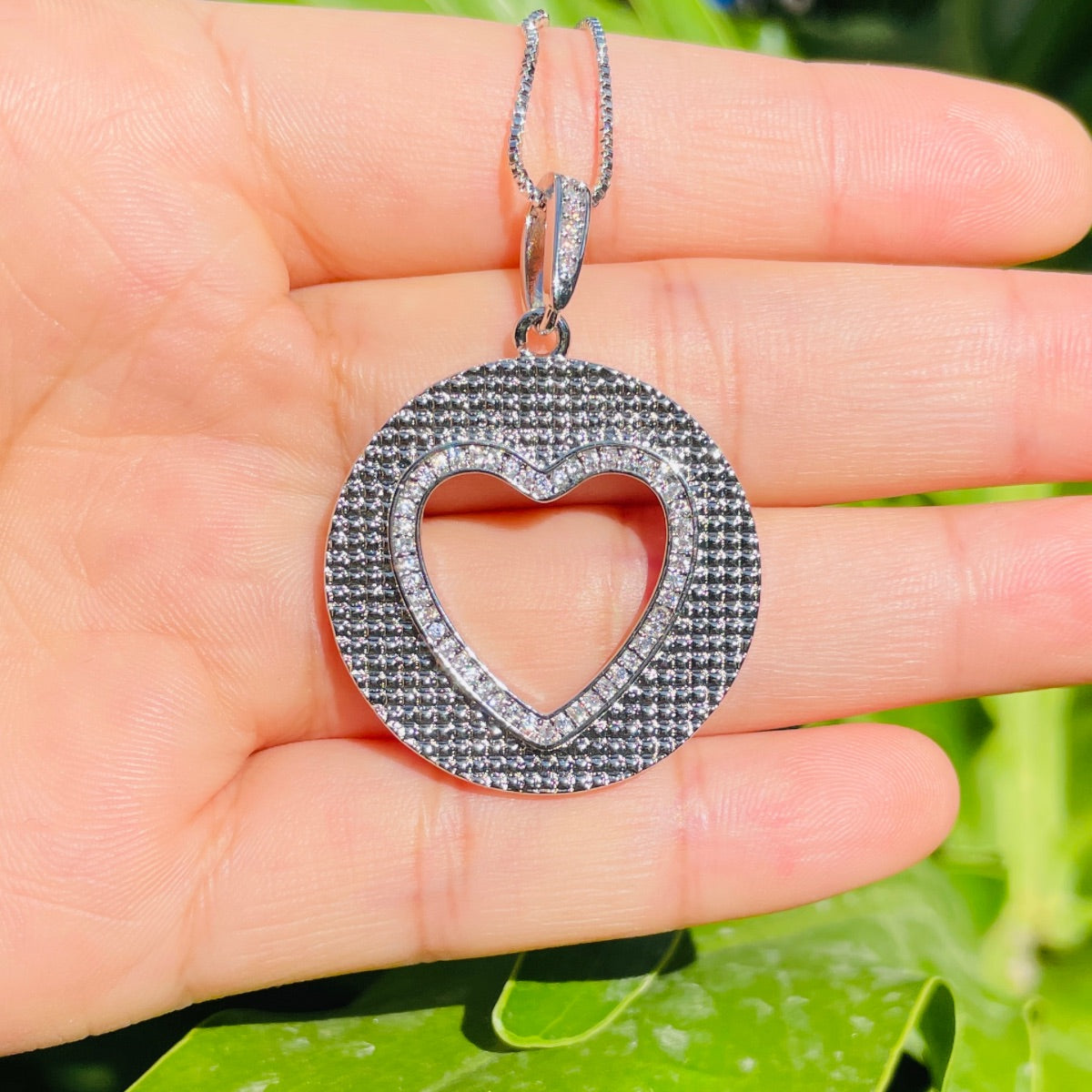 5pcs/lot 40*28.3mm CZ Pave Round Hollow Heart Necklaces Silver Necklaces Love & Heart Necklaces Charms Beads Beyond