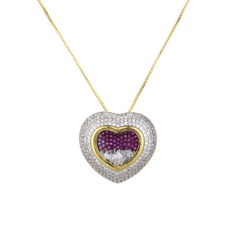 5pcs/lot CZ Paved 3D Heart Necklace Clear+Red on Gold Necklaces Love & Heart Necklaces Charms Beads Beyond