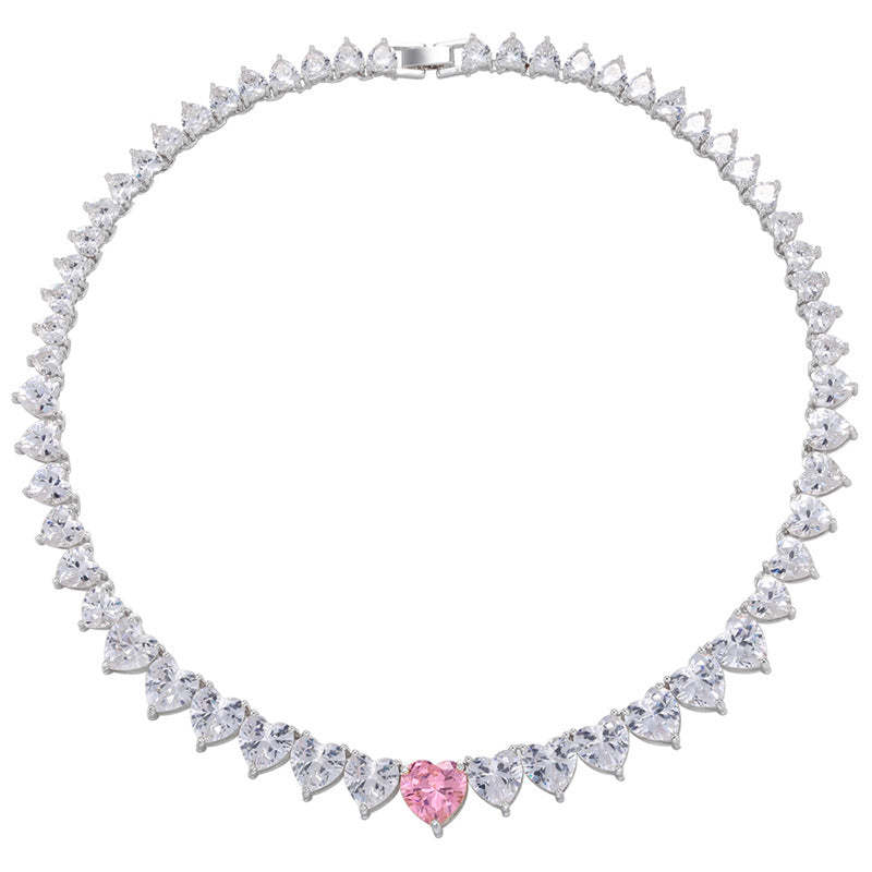 2pcs/lot 18inch Gold Plated Big Heart CZ Paved Necklace for Women Pink+Clear on Silver-2pcs Necklaces Love & Heart Necklaces Charms Beads Beyond