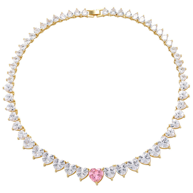 2pcs/lot 18inch Gold Plated Big Heart CZ Paved Necklace for Women Pink+Clear on Gold-2pcs Necklaces Love & Heart Necklaces Charms Beads Beyond