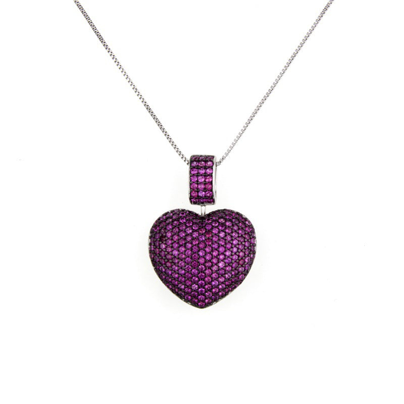 5pcs/lot Multicolor CZ Paved Heart Necklace Fuchsia on Silver Necklaces Love & Heart Necklaces Charms Beads Beyond