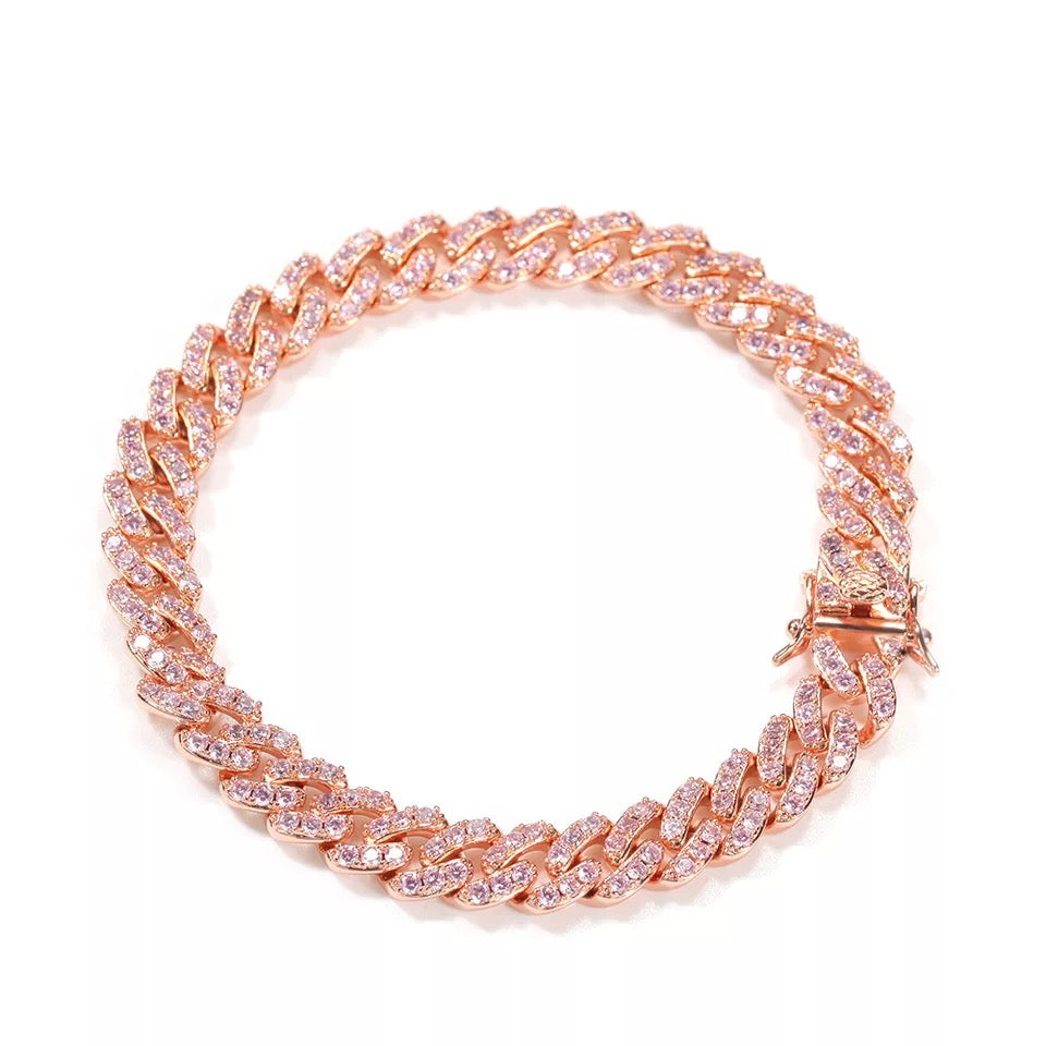 2pcs/lot 6-20 inch Pink CZ Paved Cuban Bracelet/Anklet/Necklace Cuban Chains Charms Beads Beyond