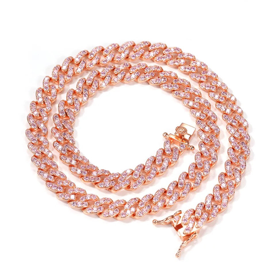 2pcs/lot 6-20 inch Pink CZ Paved Cuban Bracelet/Anklet/Necklace Cuban Chains Charms Beads Beyond