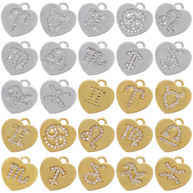 12pcs/lot 13*13mm CZ Paved Heart Zodiac Charms - Gold & Silver CZ Paved Charms Zodiac Charms Beads Beyond