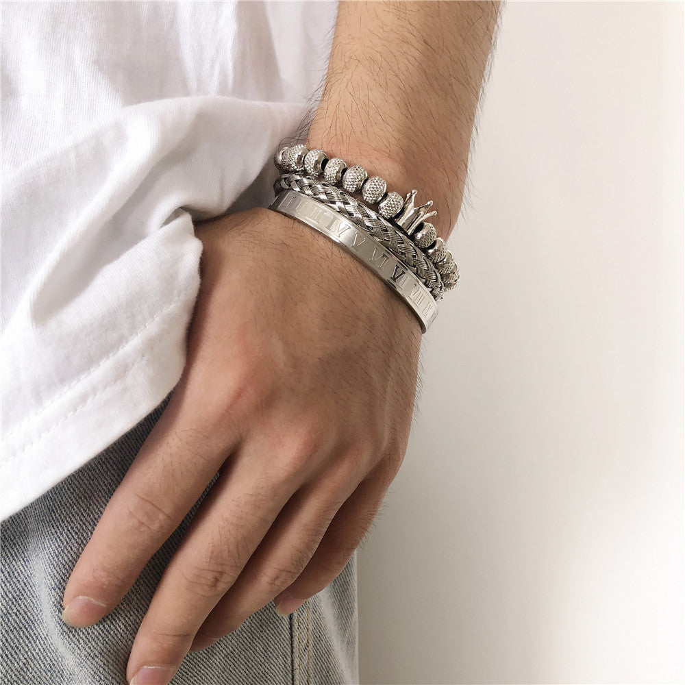 3pcs/set Crown Bracelet & Roman Numeral Bangle Set Men Bracelets Charms Beads Beyond