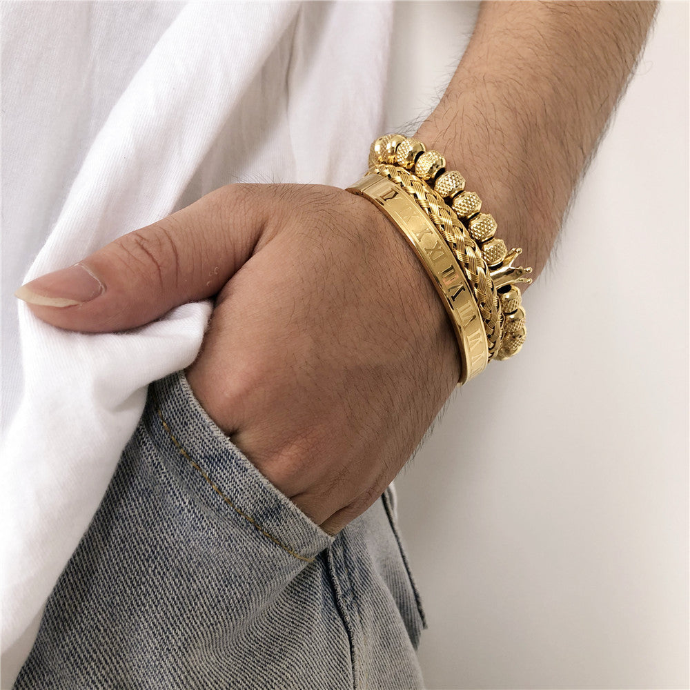 3pcs/set Crown Bracelet & Roman Numeral Bangle Set Men Bracelets Charms Beads Beyond