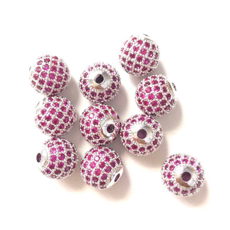 10pcs/lot 10mm Fuchsia CZ Paved Ball Spacers Silver CZ Paved Spacers 10mm Beads Ball Beads Colorful Zirconia Charms Beads Beyond
