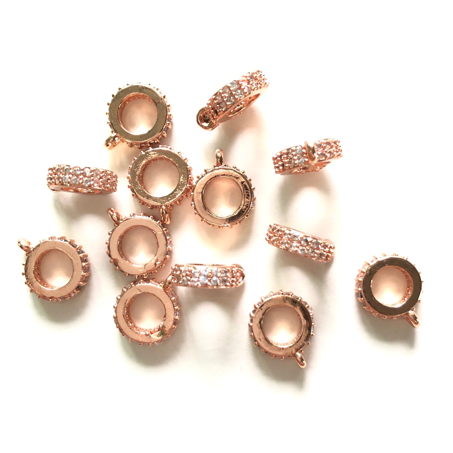 20pcs/lot 9*3mm CZ Paved Round Bail Spacers Rose Gold CZ Paved Spacers Bail Beads Charms Beads Beyond