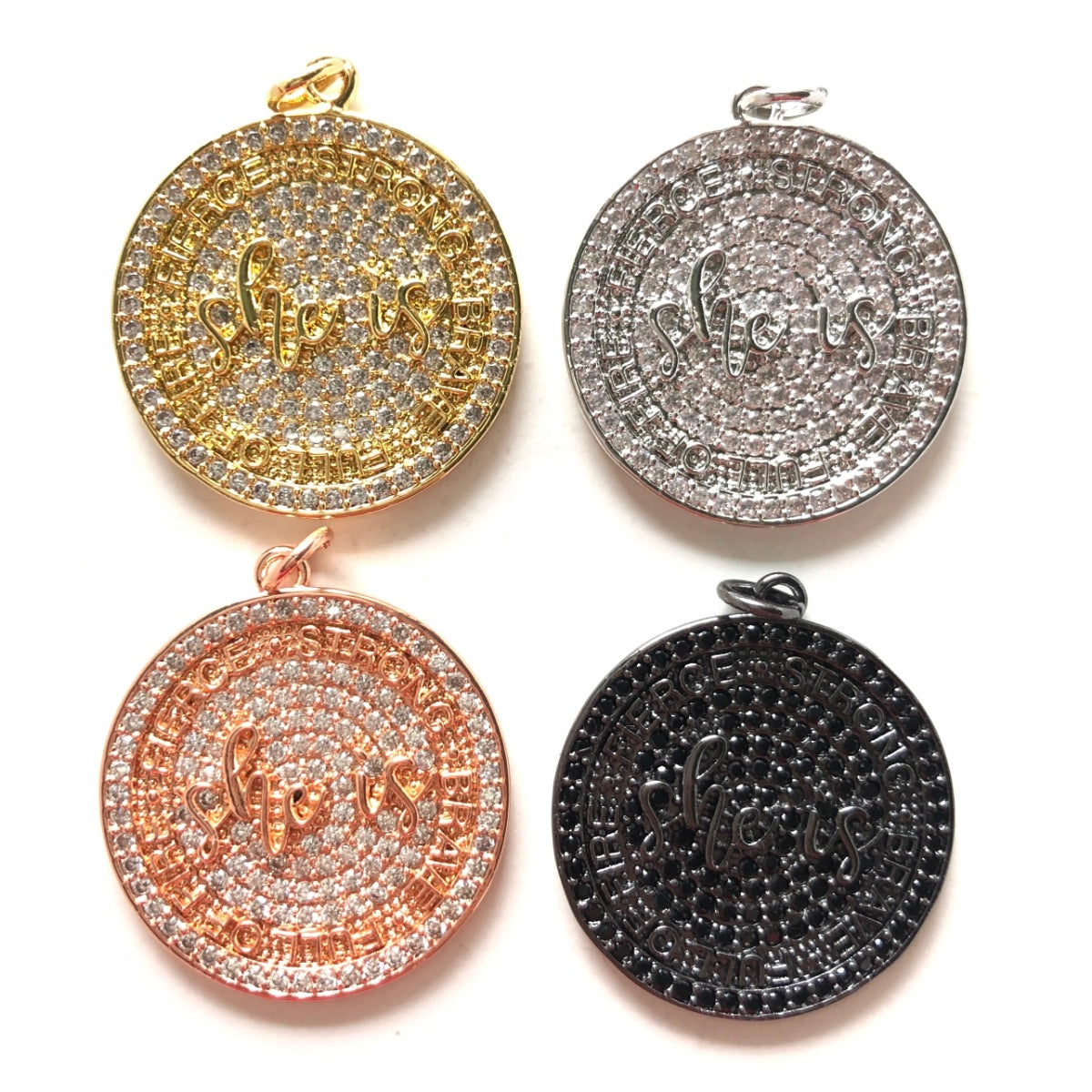 10pcs/lot 28mm CZ Pave Round Plate She Is Fierce Strong Brave Full OF FIRE Quote Charms CZ Paved Charms Discs On Sale Charms Beads Beyond