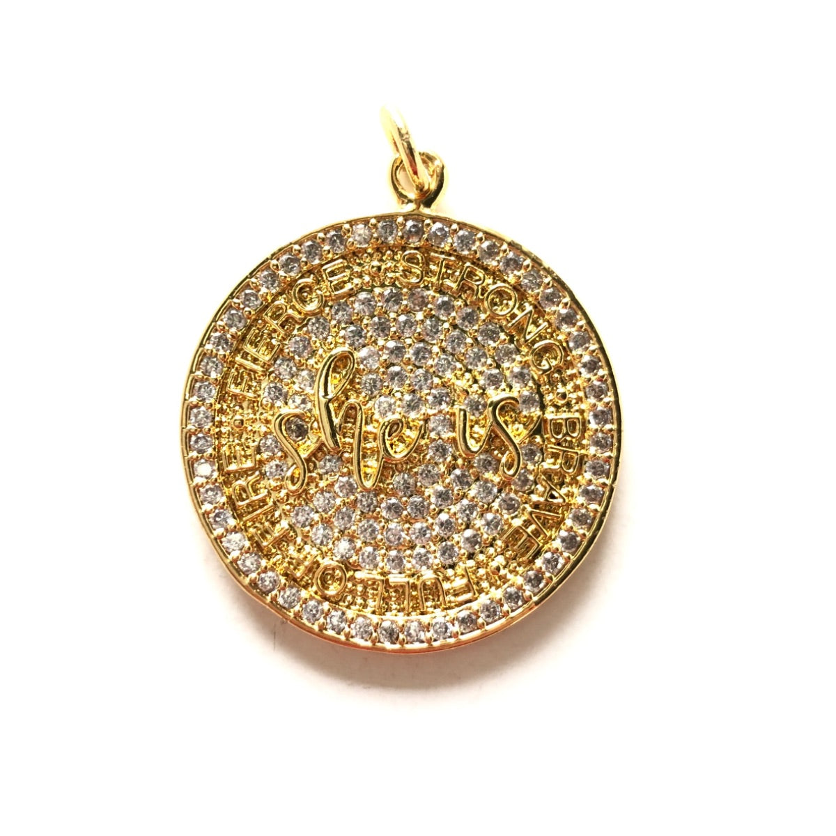 10pcs/lot 28mm CZ Pave Round Plate She Is Fierce Strong Brave Full OF FIRE Quote Charms CZ Paved Charms Discs On Sale Charms Beads Beyond