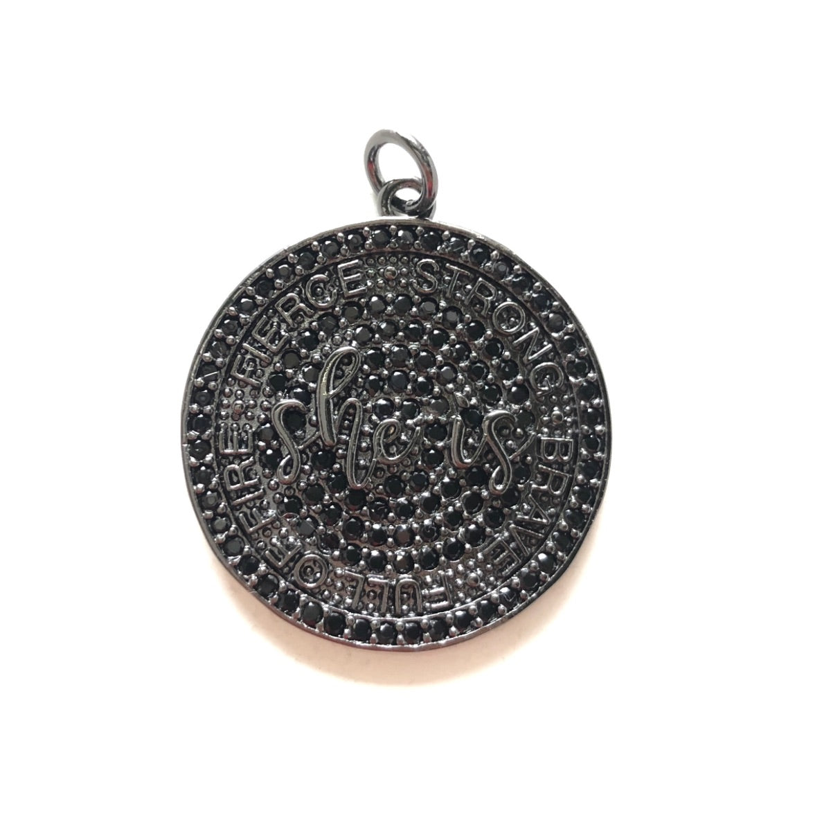 10pcs/lot 28mm CZ Pave Round Plate She Is Fierce Strong Brave Full OF FIRE Quote Charms CZ Paved Charms Discs On Sale Charms Beads Beyond
